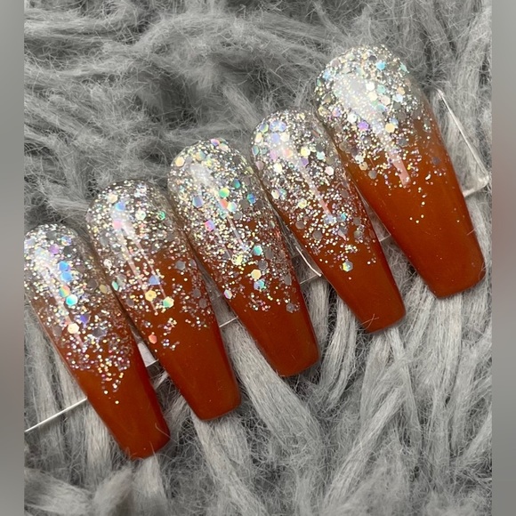 long coffin press on nails brown silver holographic ombré glitter handmade - Picture 1 of 1
